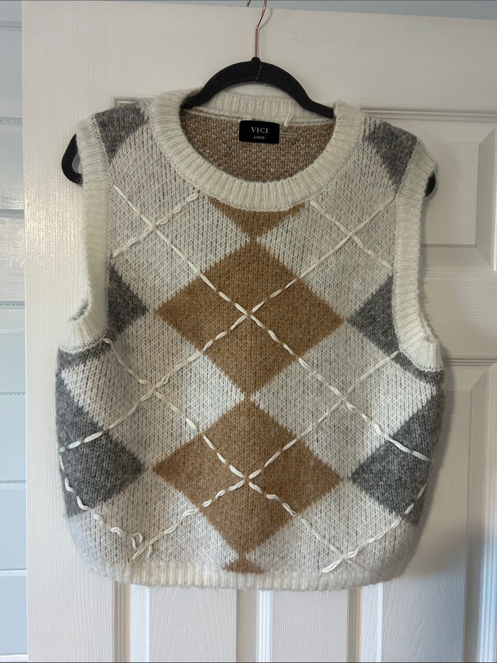 VICI Cream Sweater Vest with Tan & Gray Argyle